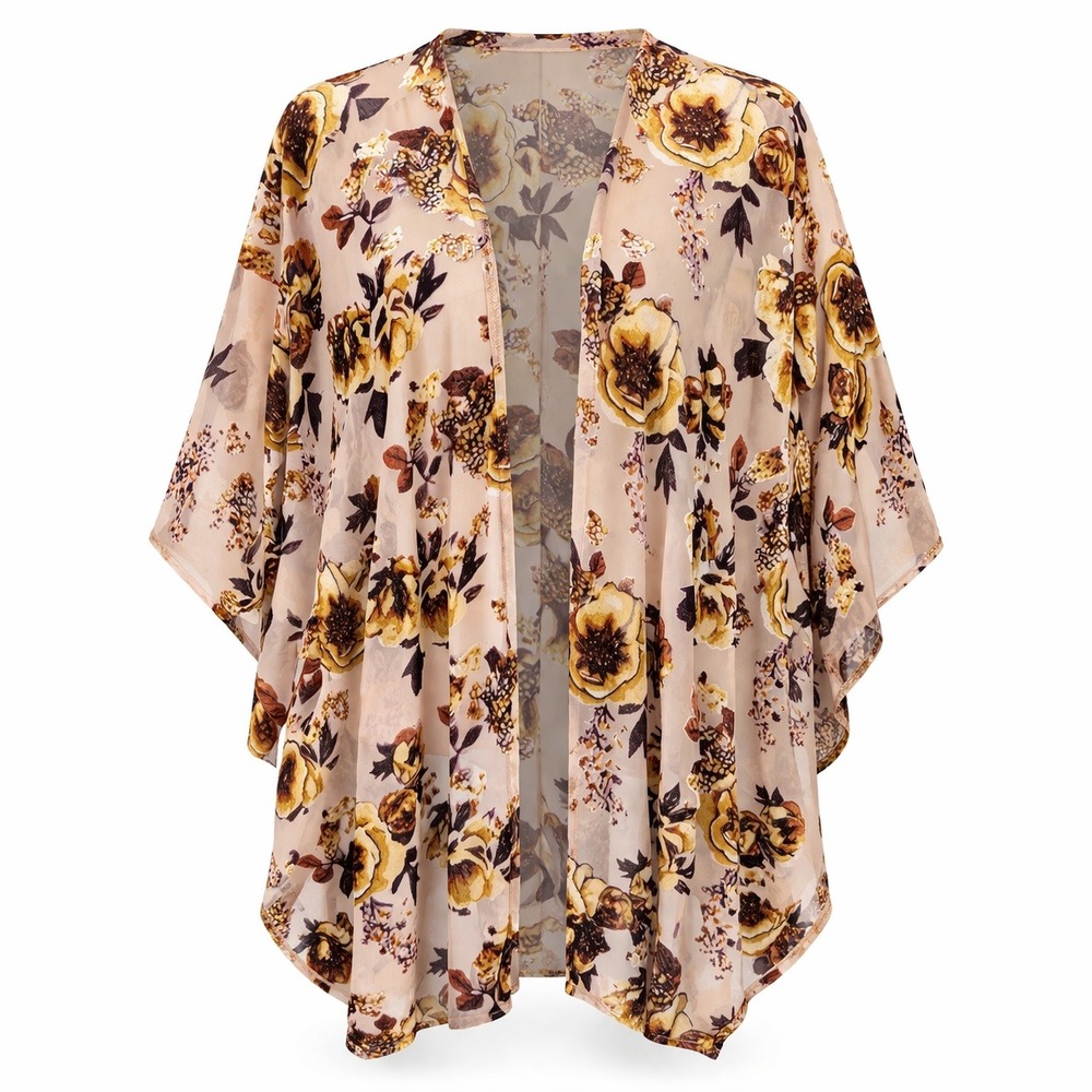 Boho Floral Velvet Burnout Sheer Kimono‎ Cardigan One Size Beige Brown Yellow